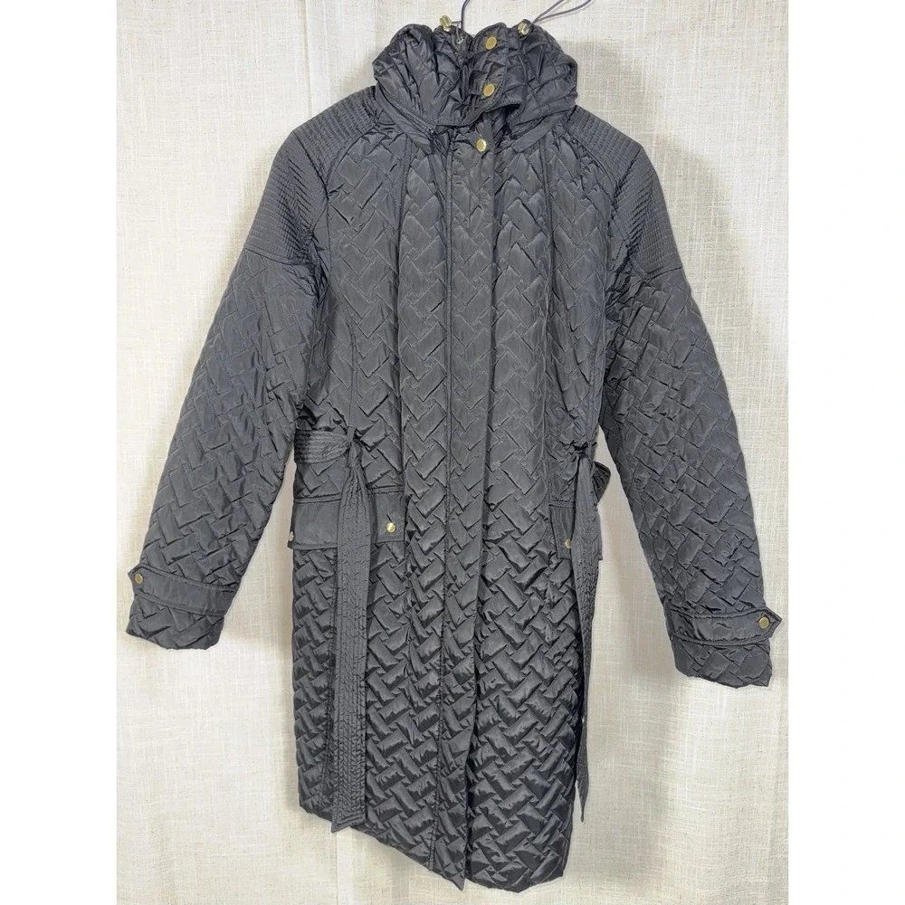 Cole Haan Signature Women's XL Quilted Jacket Coat Black Belted Belt Long Hood